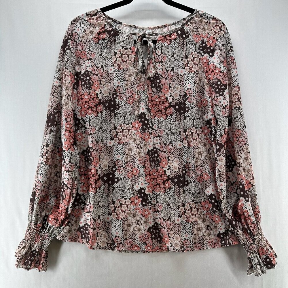 Simple Fun Top Womens Sz S Peasant Blouse Floral Tie Neck Long Sleeve Brown/Pink - Picture 2 of 11